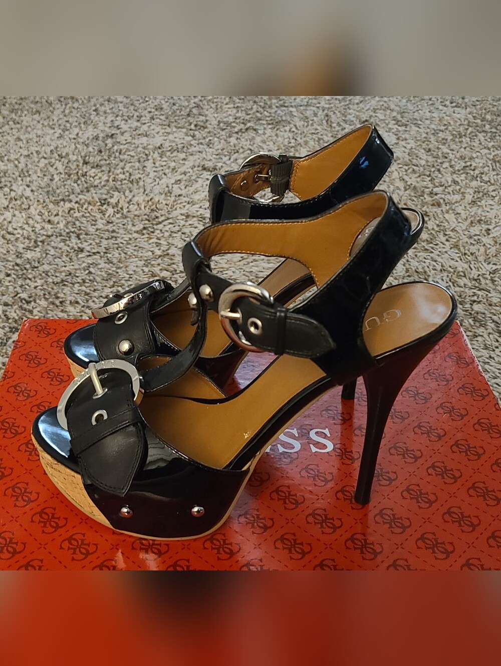 GUESS Black Patent Platform 5" Stiletto Heels Buckle Sandals Size 6 EUC - Picture 5 of 8